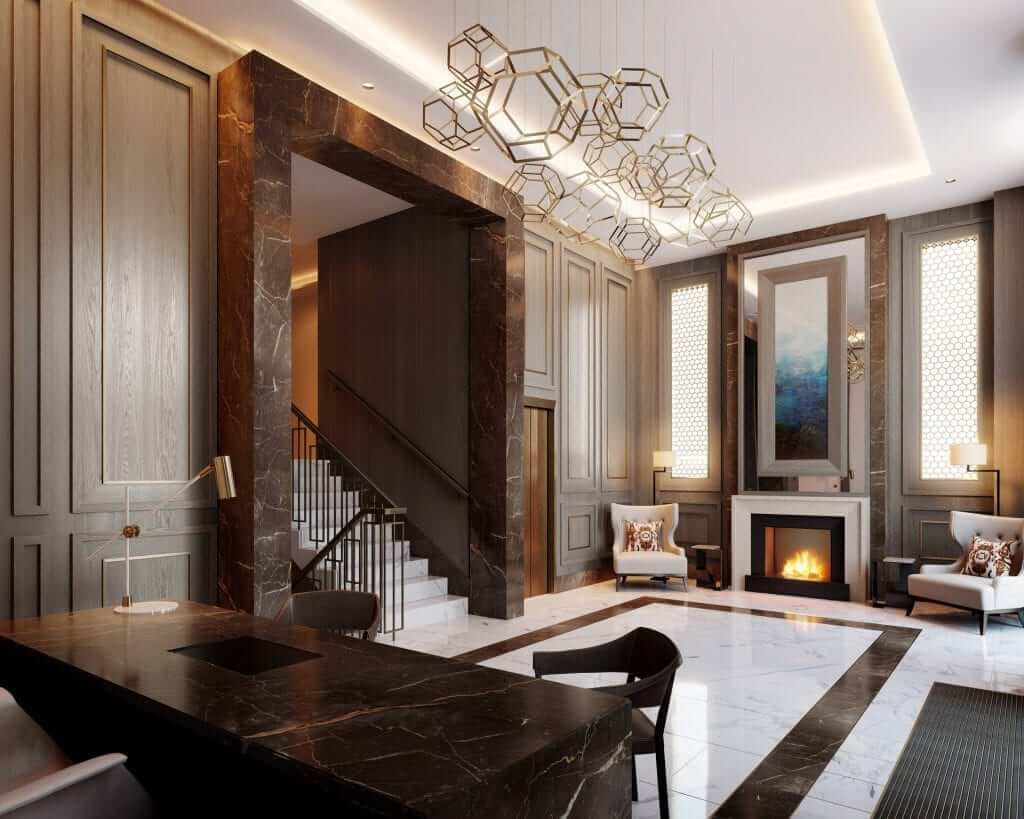 Reception hallway at the residents amenities facility with marble floor and feature lighting