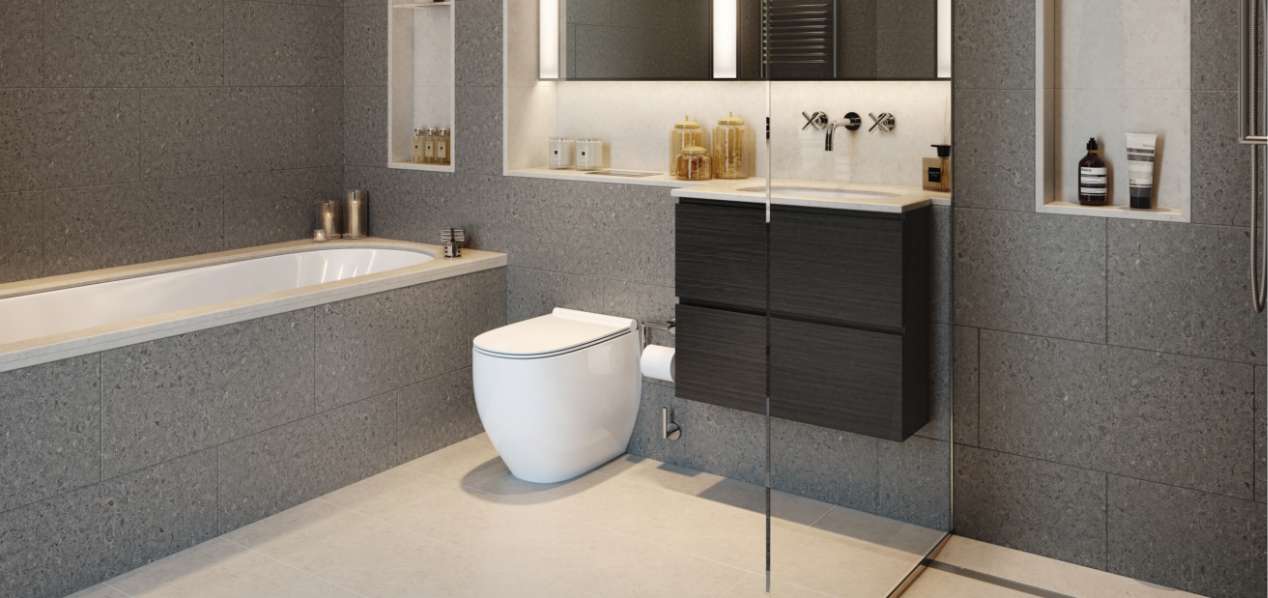 Bathrooms with porcelain floor to ceiling tiling, full bath and separate shower, heated towel rail and vanity unit