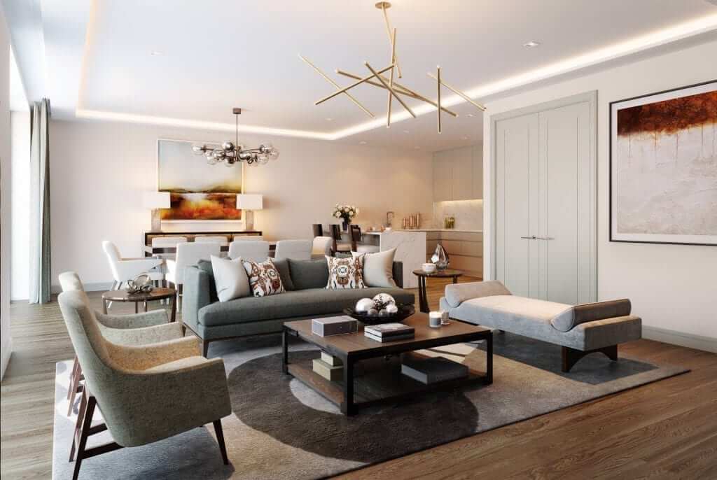 Open plan living and dining rooms designer by interior architects Goddard Littlefair