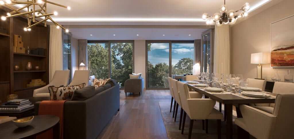 Open plan living dining room looking out to unique Scandinavian style sunroom overlooking Lansdowne Road