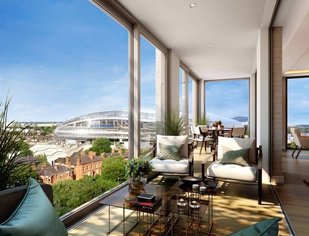 Unique sunroom overlooking Aviva Stadium with furniture selected by interior architects Goddard Littlefair