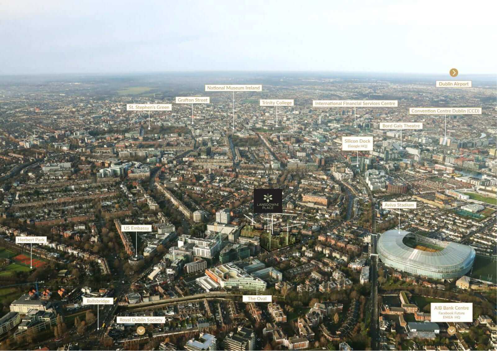 Aerial view of Ballsbridge with Aviva Stadium, Lansdowne Place, Dublin Convention Centre, IFSC, Bord Gais Energy Theatre pinned