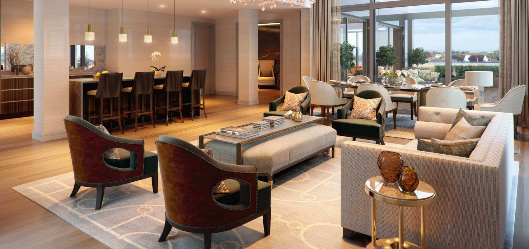Open plan living, dining room and kitchen opening onto rooftop terrace in the Penthouses for sale at Lansdowne Place in Ballsbridge