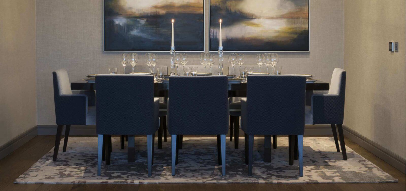 Dining area in the Berkeley Apartments for sale at Lansdowne Place with custom feature lighting by Northern Lights