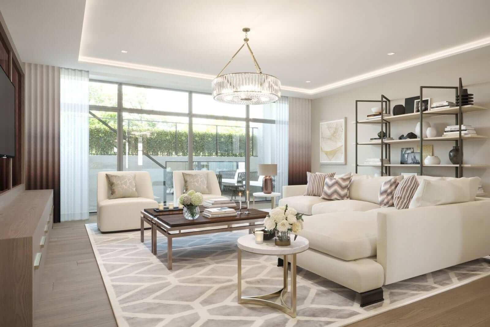 Living room design by Sara Cosgrove Interior Design at the Duplex Townhouses for sale at Lansdowne Place in Ballsbridge
